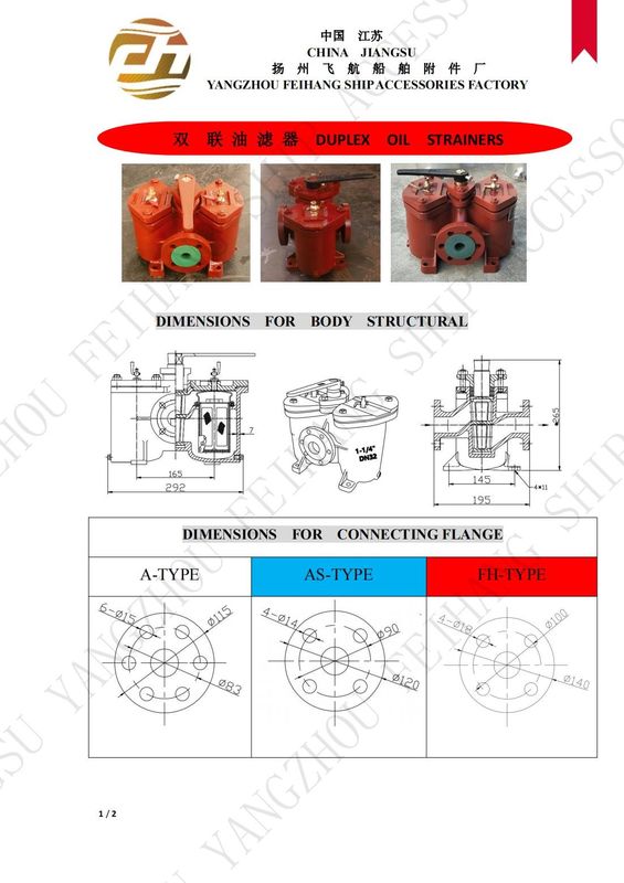 Cuadro de parámetros técnicos para filtros de aceite dúplex filtros de aceite dobles modelo AS32 Cb/T425-94 de cuerpo de hierro fundido con filtro