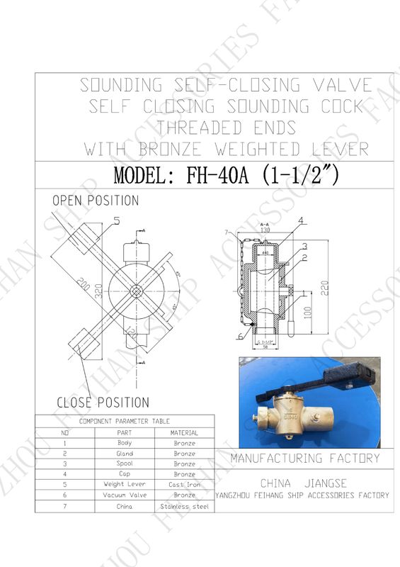 Parámetro técnico para las válvulas de cierre automático de bronce modelo FH40 CB/T3778-1999 extremos roscados con palanca de peso