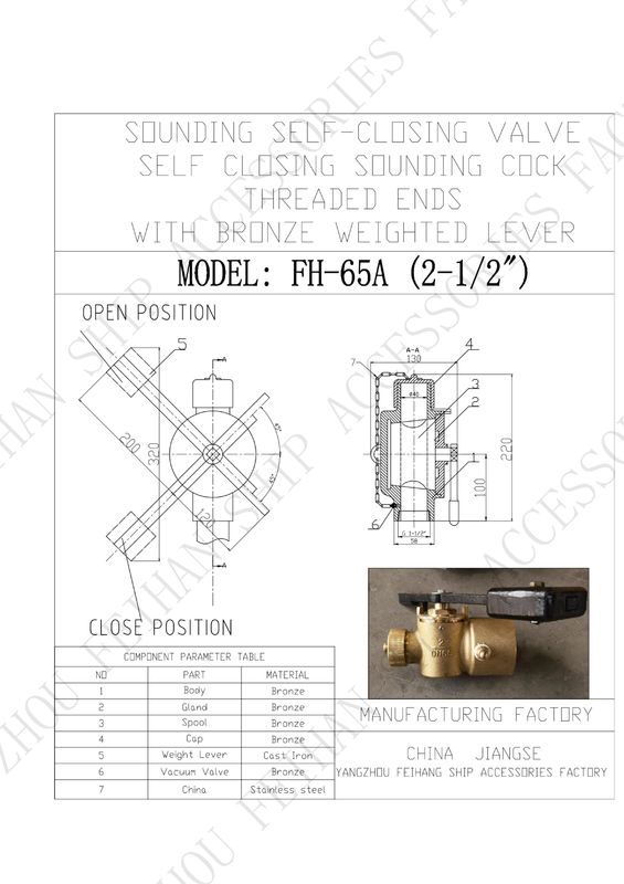 Parámetro técnico para FH65 CB/T3778-1999 Modelo de válvula de autocierre de bronce extremos roscados con palanca de peso