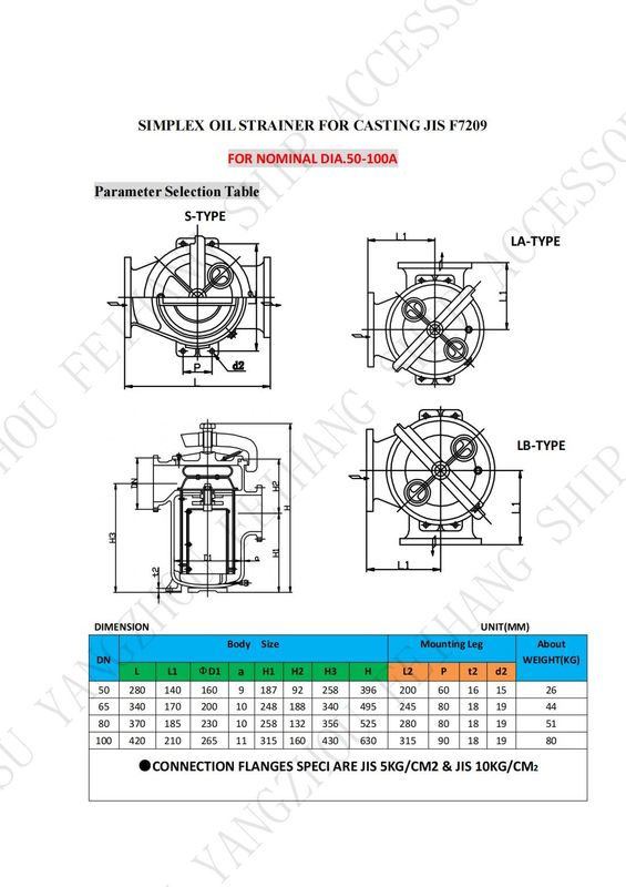Datos técnicos para el JIS F7209 Deformaciones de aceite simples y cuerpo de filtro de una sola cesta de aceite - hierro fundido y filtro - acero inoxidable