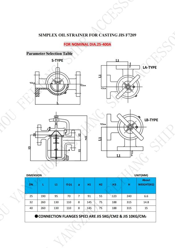 Datos técnicos para el JIS F7209 Deformaciones de aceite simples y cuerpo de filtro de una sola cesta de aceite - hierro fundido y filtro - acero inoxidable